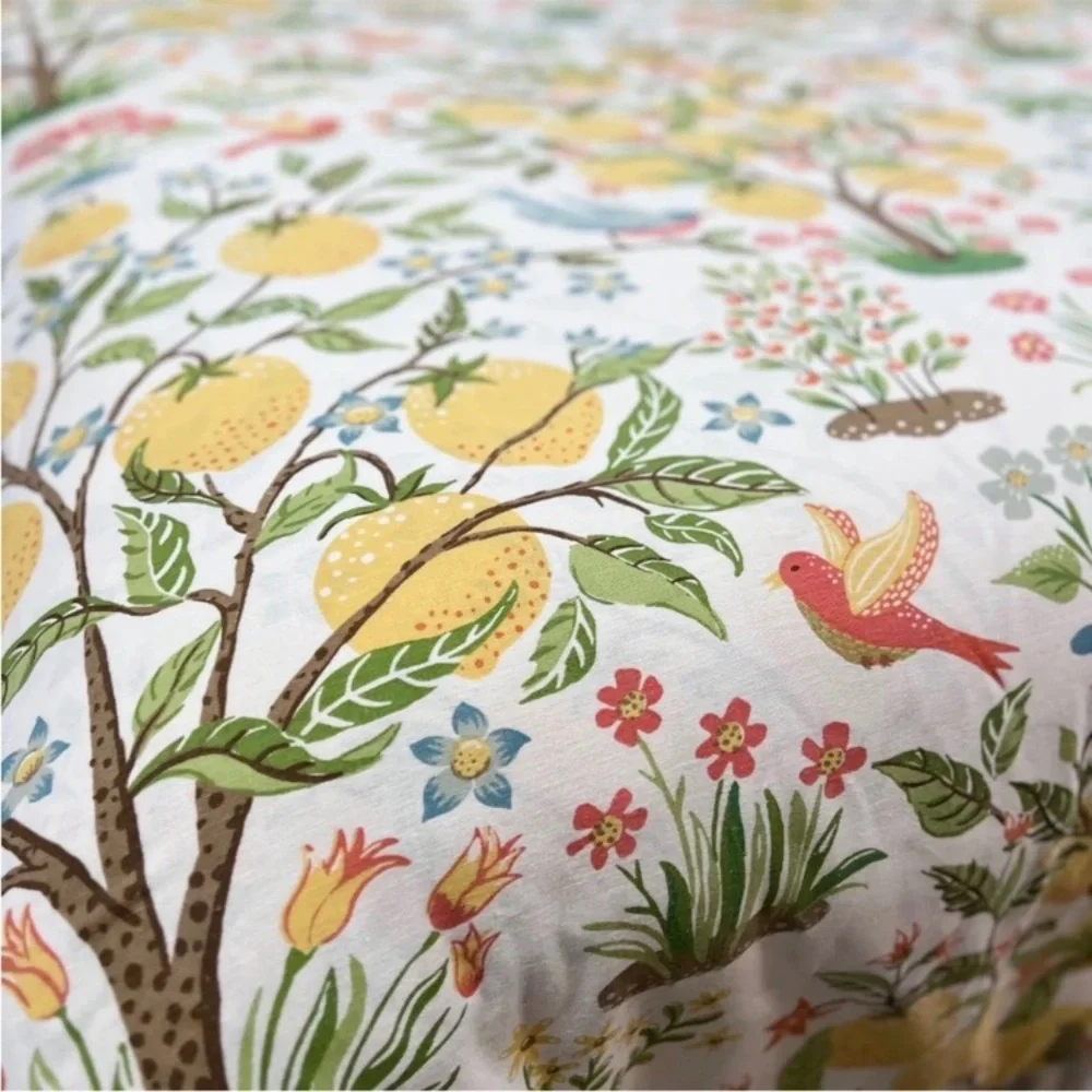 RARE Pottery Barn Jocelyn Lemons & Birds Floral Duvet Cover KING Botanical Tree